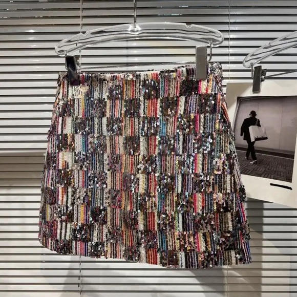 Silver Sequin Multi Checkerboard Mini Skirt Sz S New - Picture 3 of 13